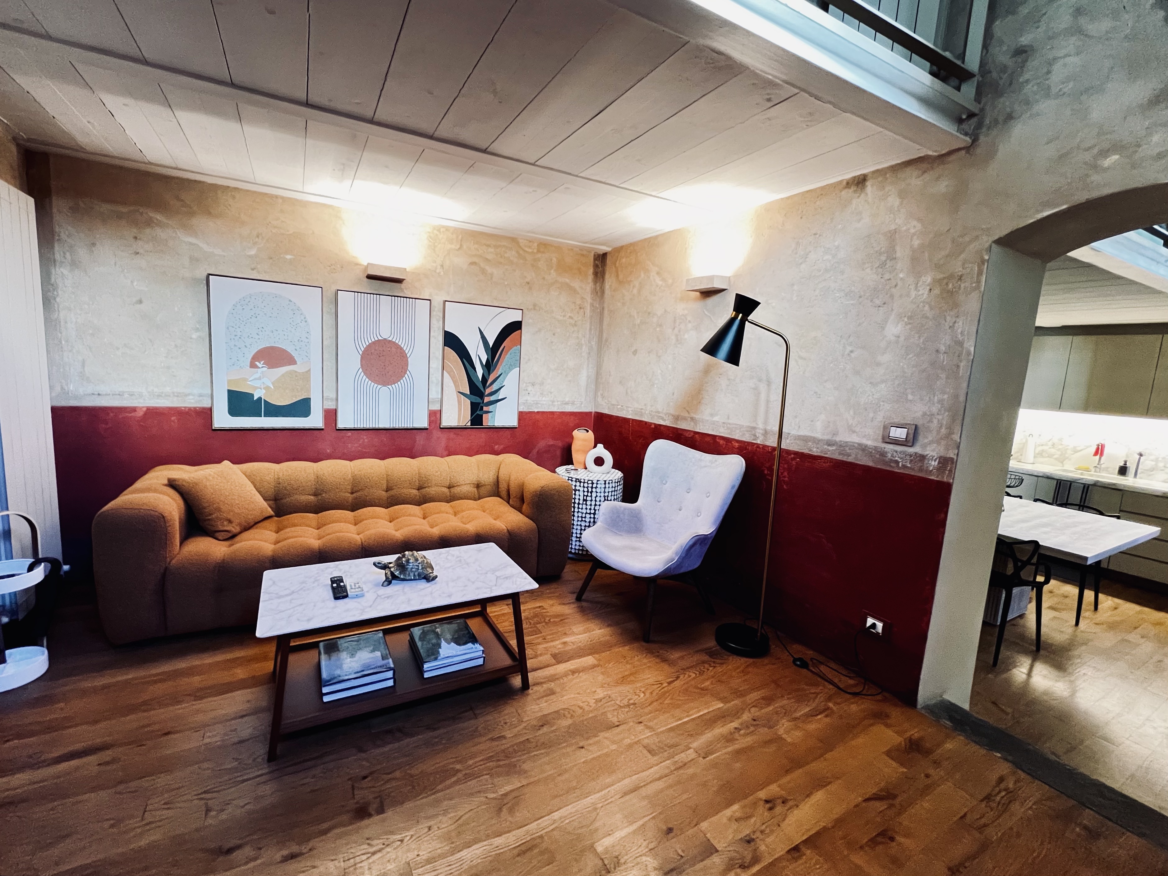 Living room with distinctive red walls